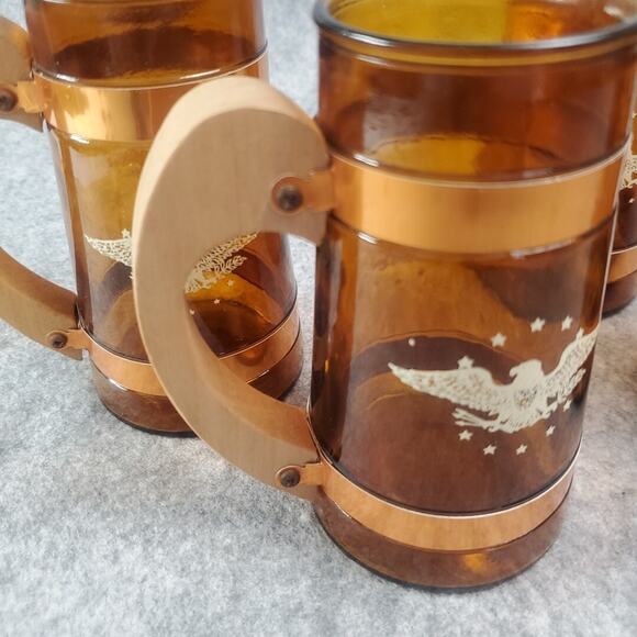 Siesta Ware Amber Glasses Set of 4 Patriotic Eagle Wooden Handle Mug Stein - Picture 10 of 10